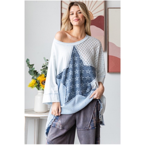 Oli & Hali Star Print Color block Oversized Short Sleeve Top - Picture 1 of 6